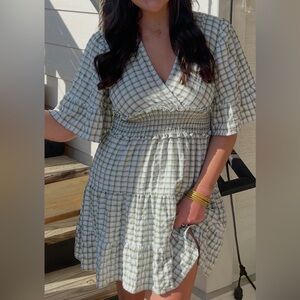 Max Studio Green Gingham Smocked Mini Dress